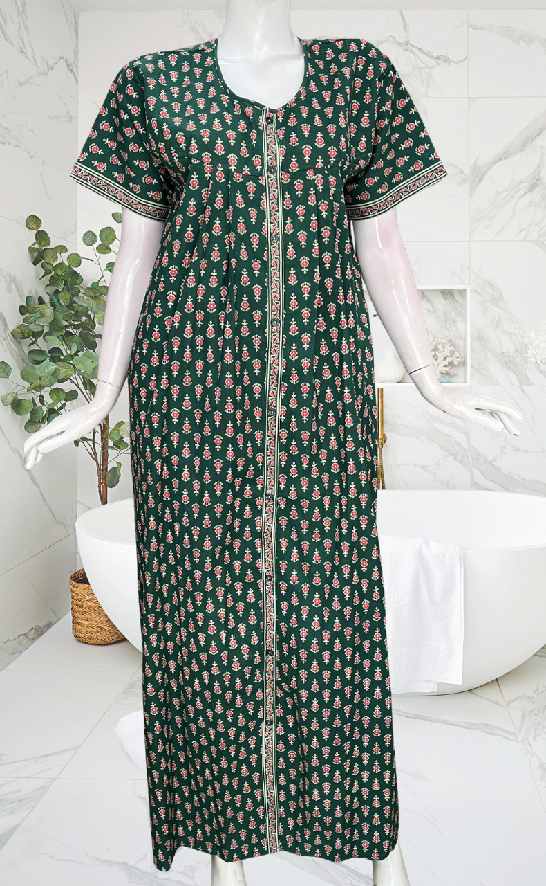 Dark Green Tiny Flora Full Open Pure Cotton Nighty. Pure Cotton | Laces and Frills