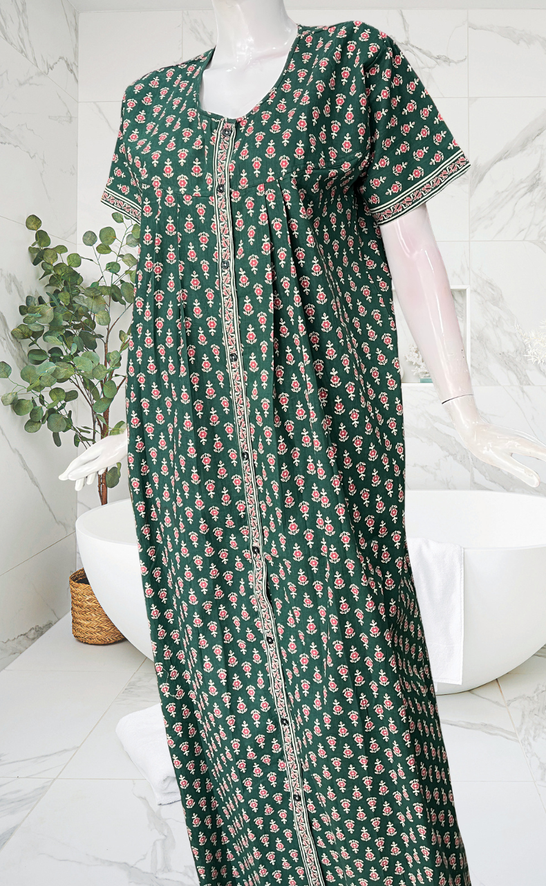 Dark Green Tiny Flora Full Open Pure Cotton Nighty. Pure Cotton | Laces and Frills