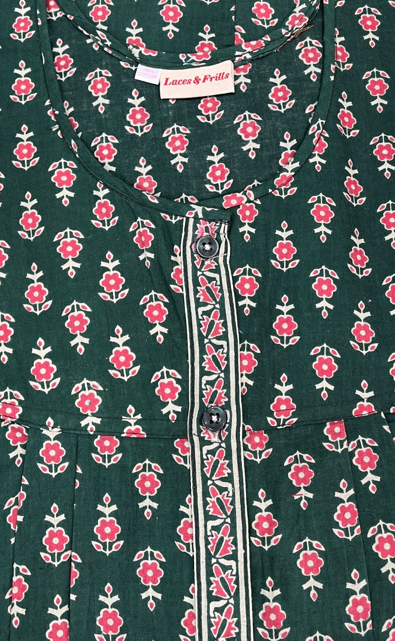 Dark Green Tiny Flora Full Open Pure Cotton Nighty. Pure Cotton | Laces and Frills