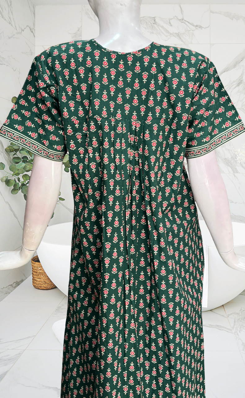 Dark Green Tiny Flora Full Open Pure Cotton Nighty. Pure Cotton | Laces and Frills