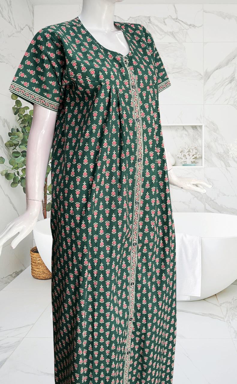 Dark Green Tiny Flora Full Open Pure Cotton Nighty. Pure Cotton | Laces and Frills