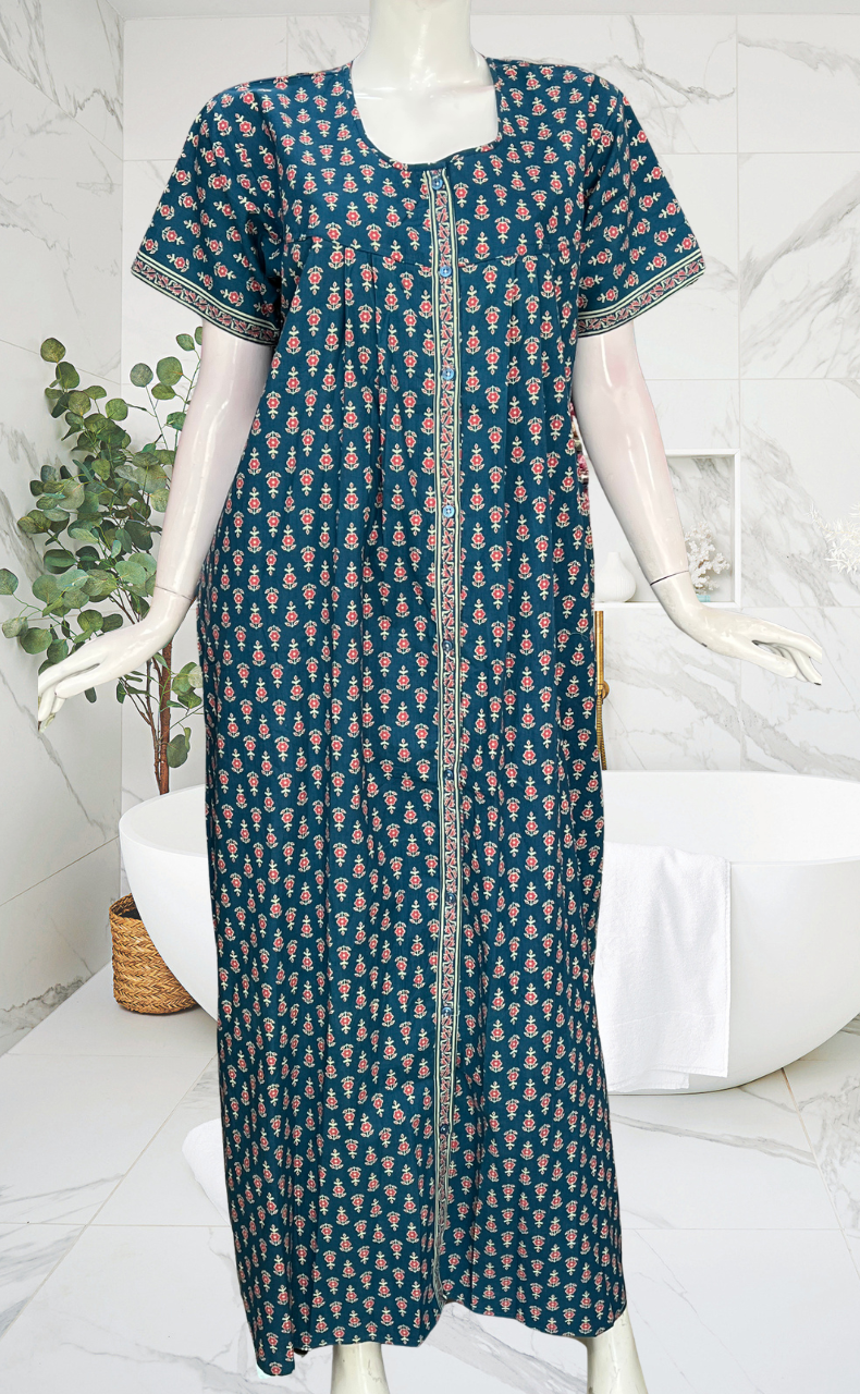 Blue Tiny Flora Full Open Pure Cotton Nighty. Pure Cotton | Laces and Frills