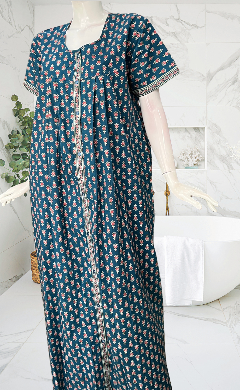 Blue Tiny Flora Full Open Pure Cotton Nighty. Pure Cotton | Laces and Frills