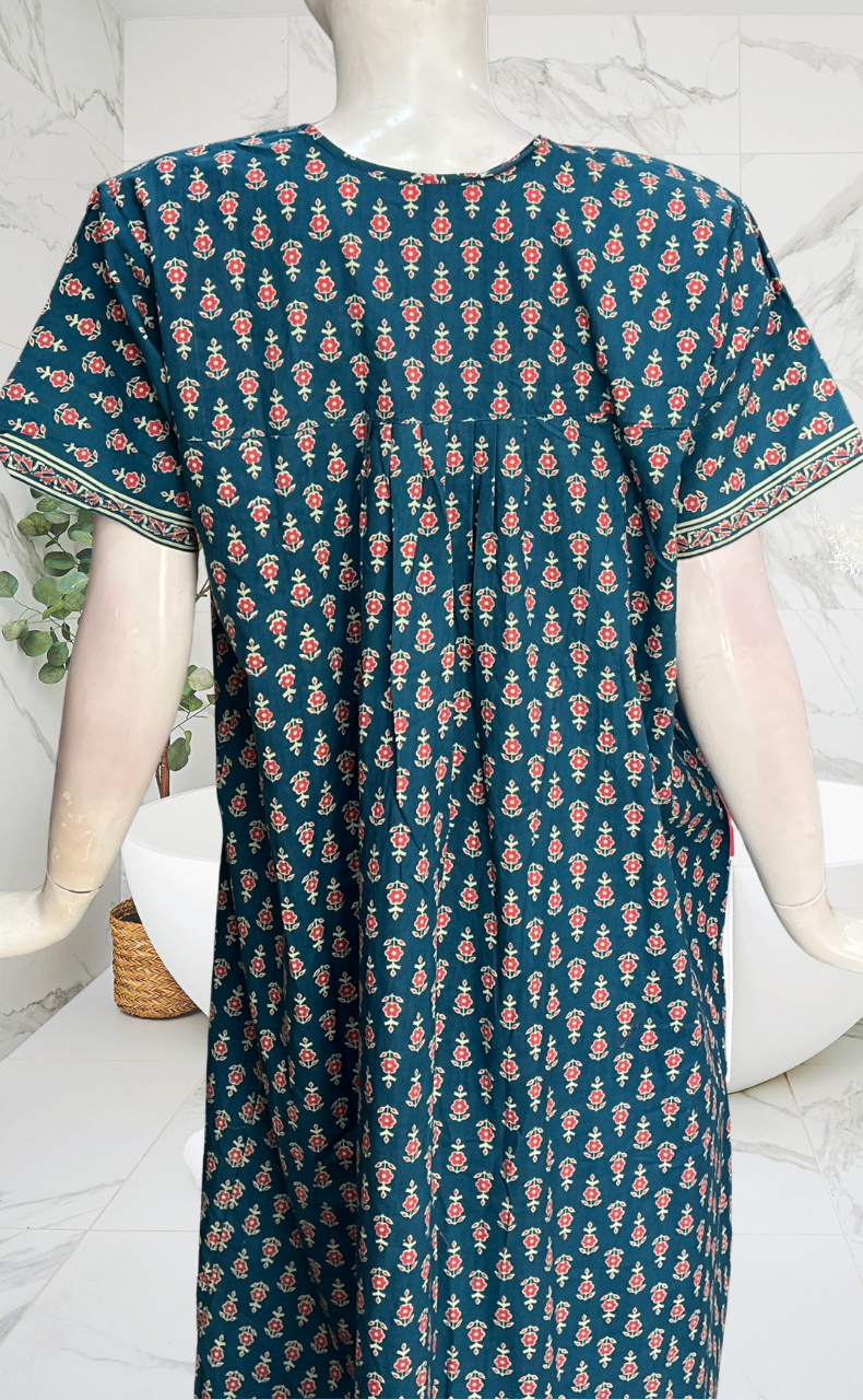 Blue Tiny Flora Full Open Pure Cotton Nighty. Pure Cotton | Laces and Frills