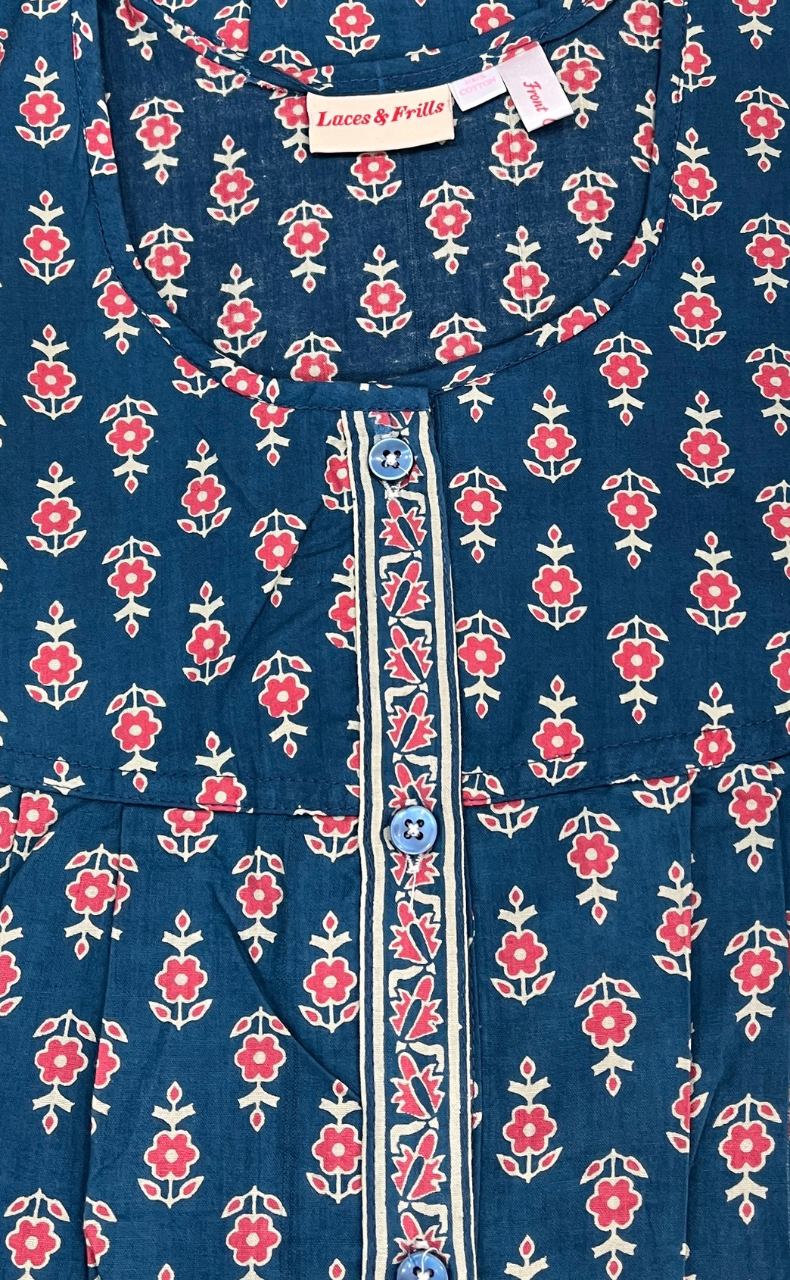 Blue Tiny Flora Full Open Pure Cotton Nighty. Pure Cotton | Laces and Frills