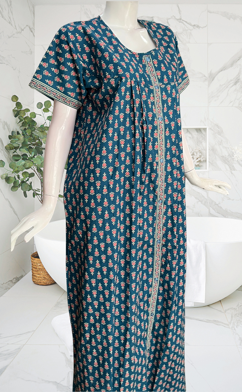 Blue Tiny Flora Full Open Pure Cotton Nighty. Pure Cotton | Laces and Frills