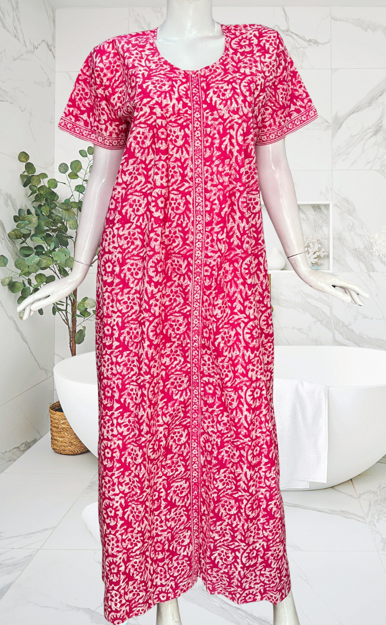 Pink Batik Full Open Pure Cotton Nighty. Pure Cotton | Laces and Frills