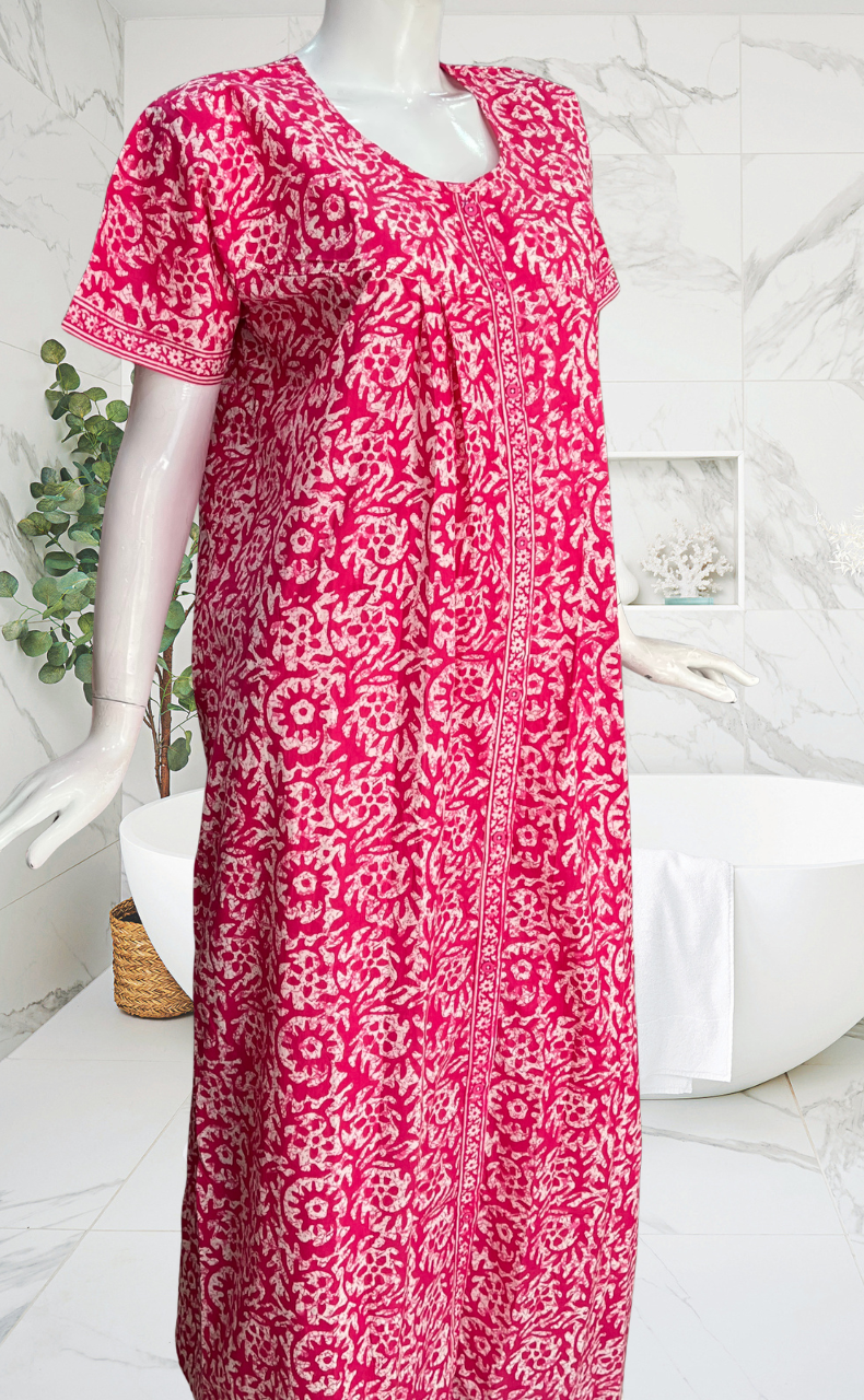 Pink Batik Full Open Pure Cotton Nighty. Pure Cotton | Laces and Frills