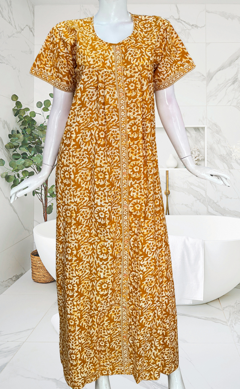 Mustard Batik Full Open Pure Cotton Nighty. Pure Cotton | Laces and Frills