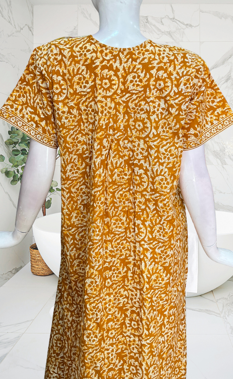 Mustard Batik Full Open Pure Cotton Nighty. Pure Cotton | Laces and Frills