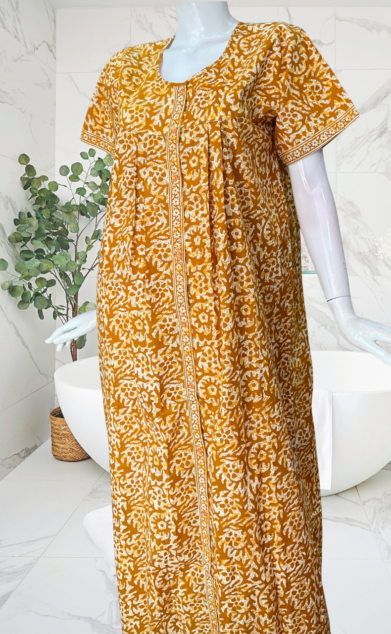 Mustard Batik Full Open Pure Cotton Nighty. Pure Cotton | Laces and Frills
