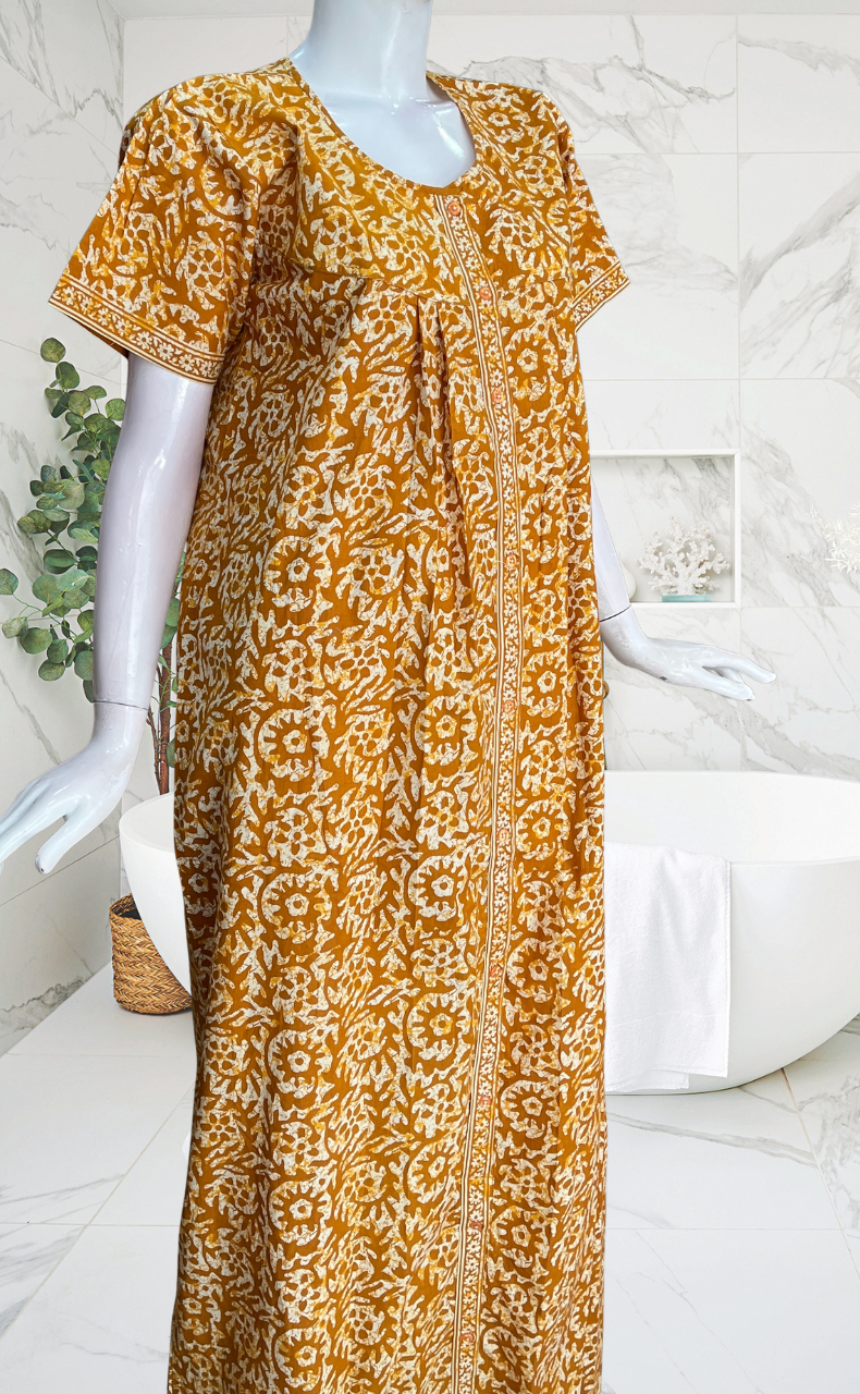 Mustard Batik Full Open Pure Cotton Nighty. Pure Cotton | Laces and Frills