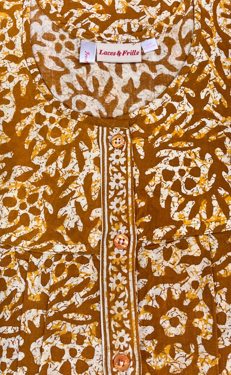 Mustard Batik Full Open Pure Cotton Nighty. Pure Cotton | Laces and Frills