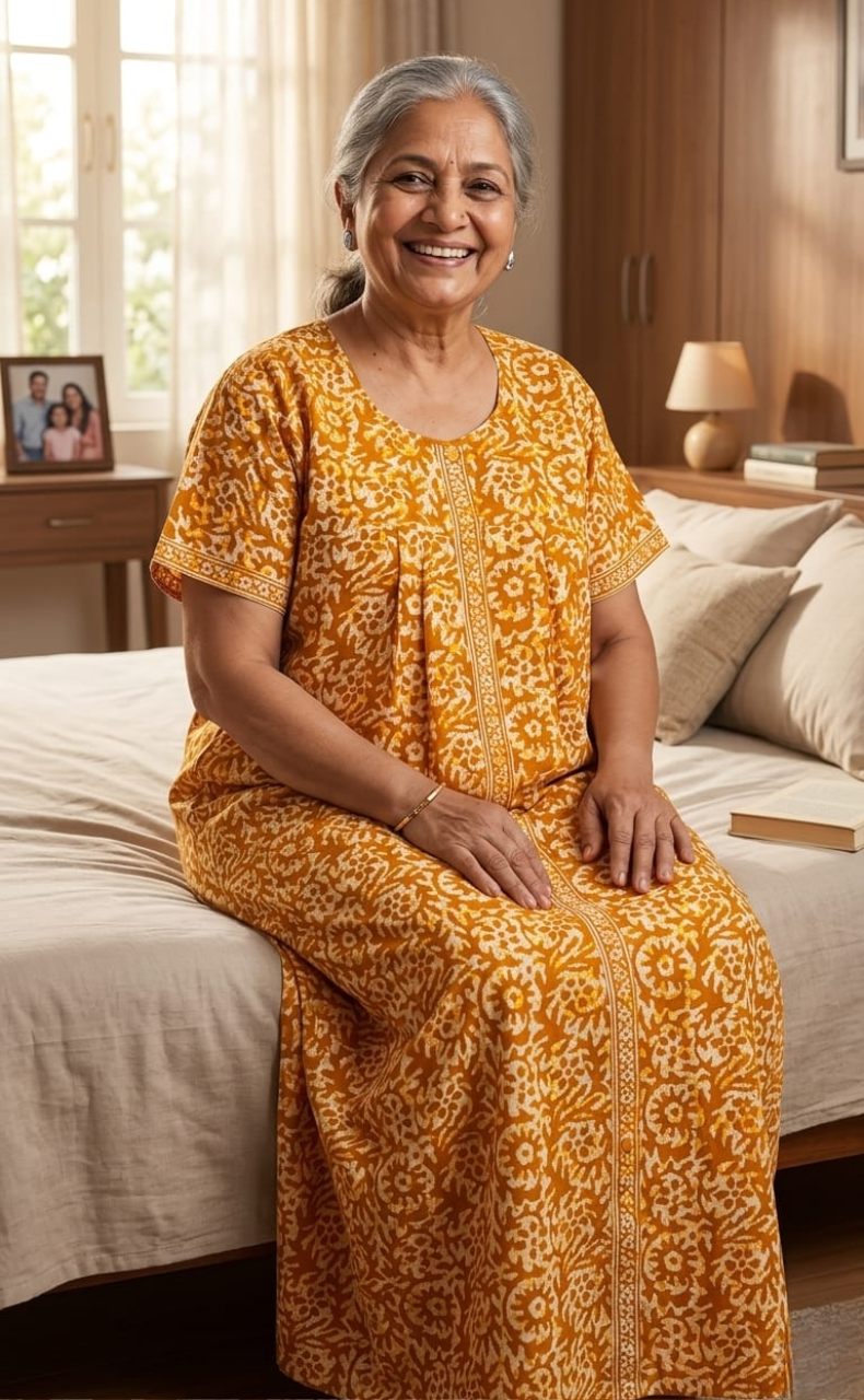 Mustard Batik Full Open Pure Cotton Nighty. Pure Cotton | Laces and Frills
