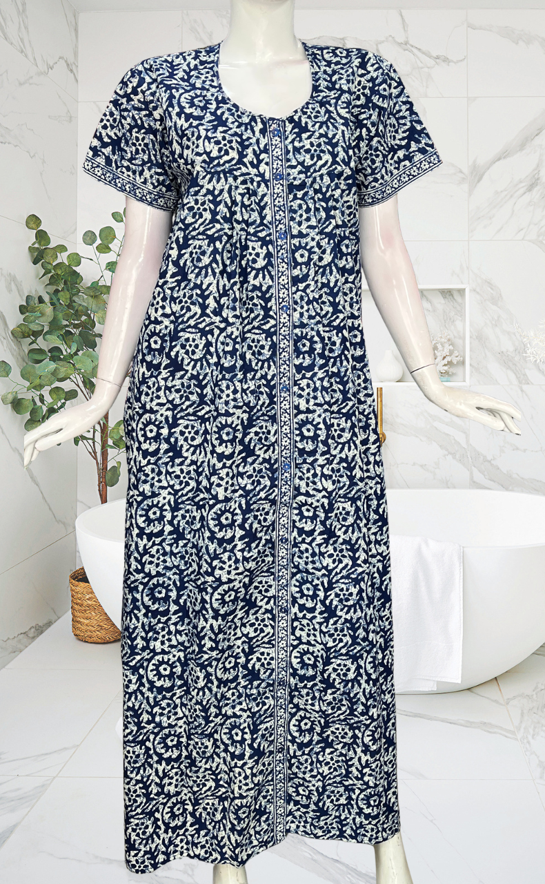 Blue Batik Full Open Pure Cotton Nighty. Pure Cotton | Laces and Frills