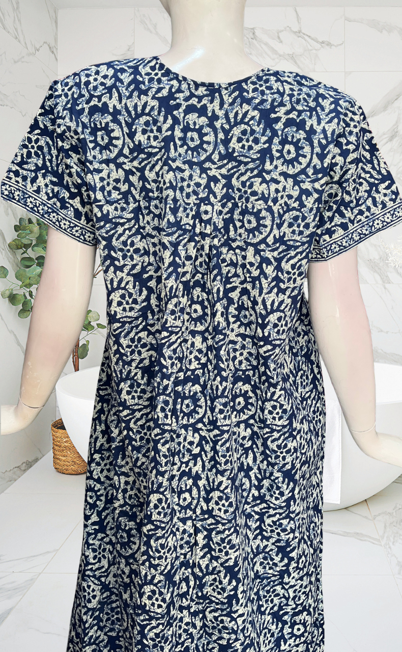 Blue Batik Full Open Pure Cotton Nighty. Pure Cotton | Laces and Frills