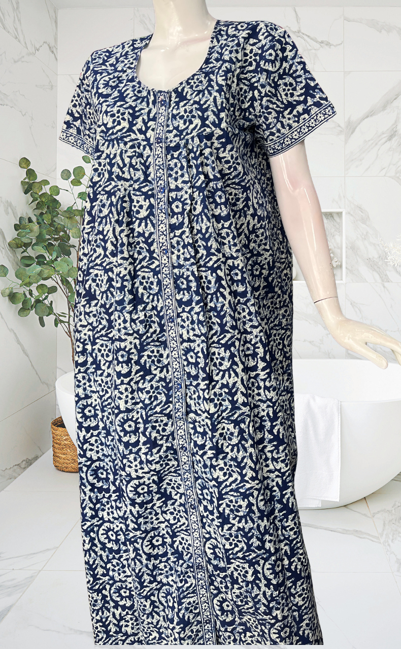 Blue Batik Full Open Pure Cotton Nighty. Pure Cotton | Laces and Frills