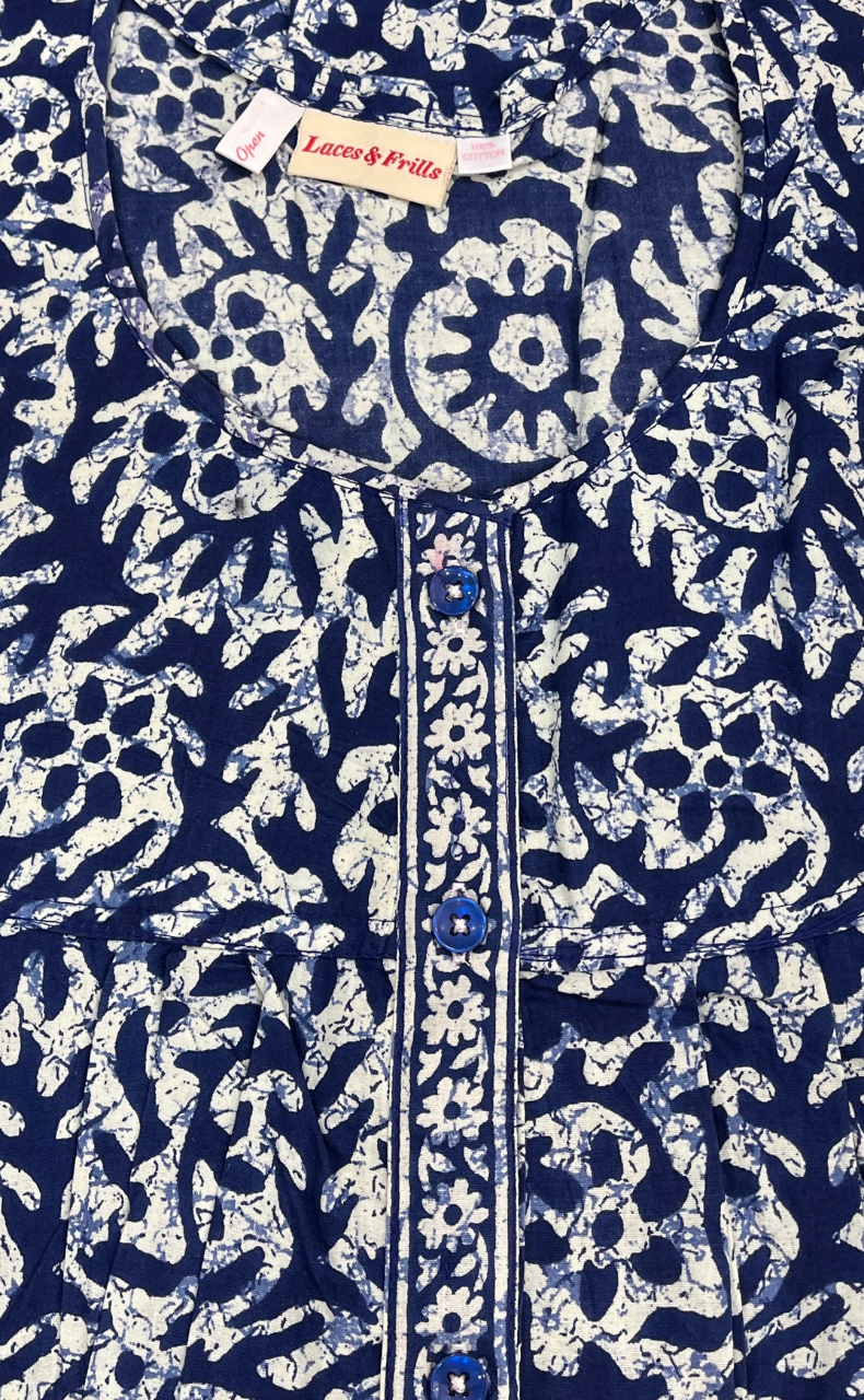 Blue Batik Full Open Pure Cotton Nighty. Pure Cotton | Laces and Frills