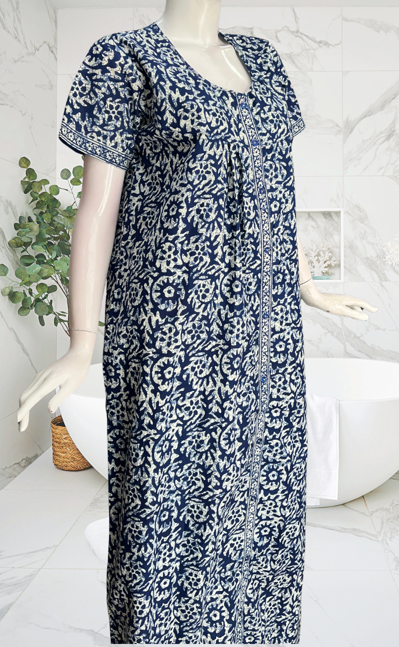 Blue Batik Full Open Pure Cotton Nighty. Pure Cotton | Laces and Frills