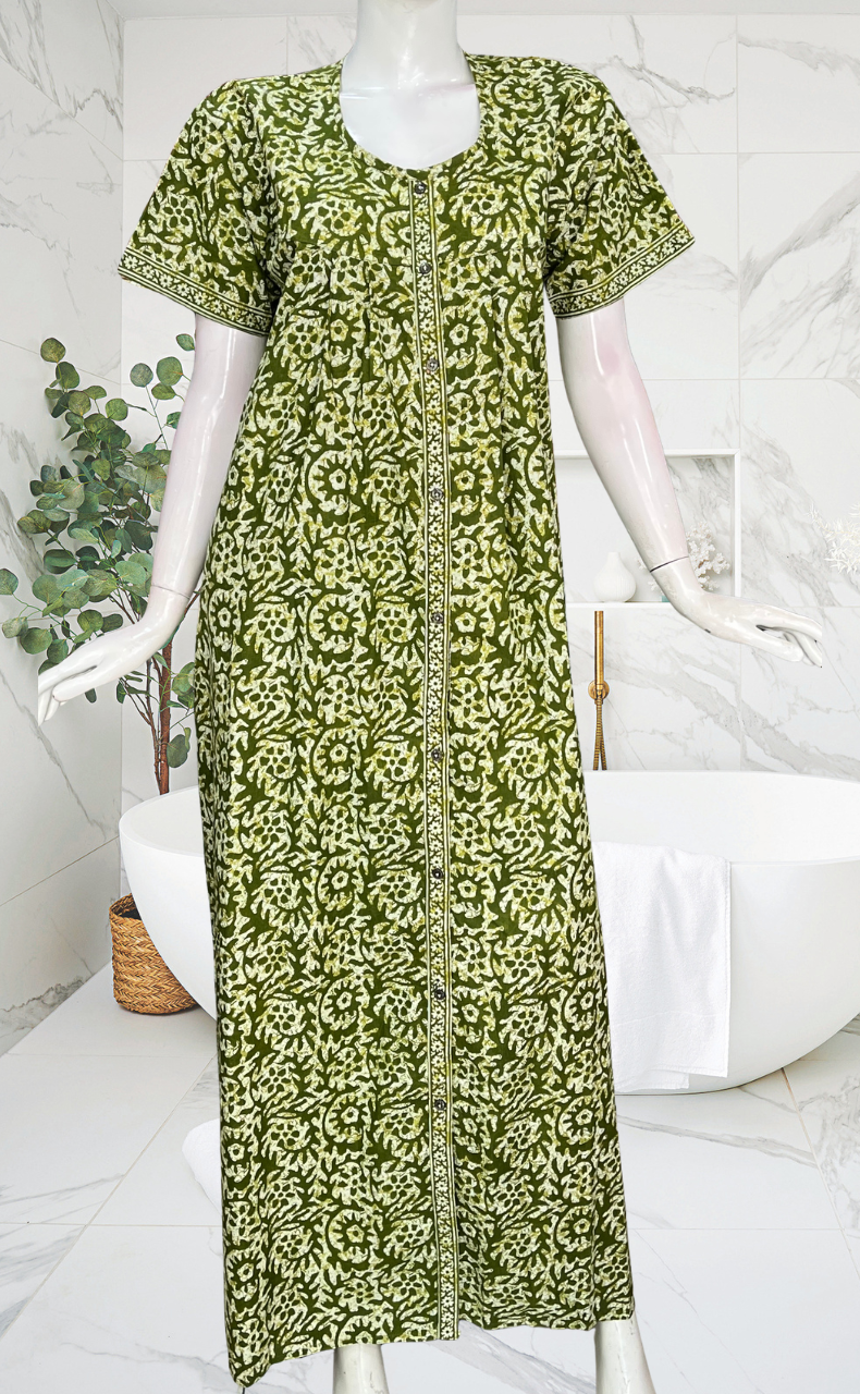 Green Batik Full Open Pure Cotton Nighty. Pure Cotton | Laces and Frills