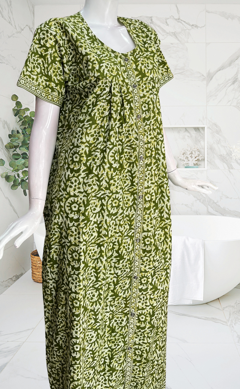 Green Batik Full Open Pure Cotton Nighty. Pure Cotton | Laces and Frills