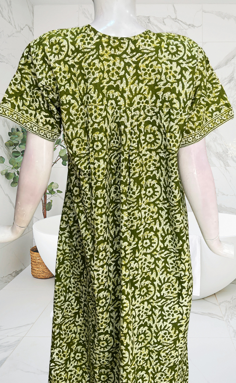 Green Batik Full Open Pure Cotton Nighty. Pure Cotton | Laces and Frills