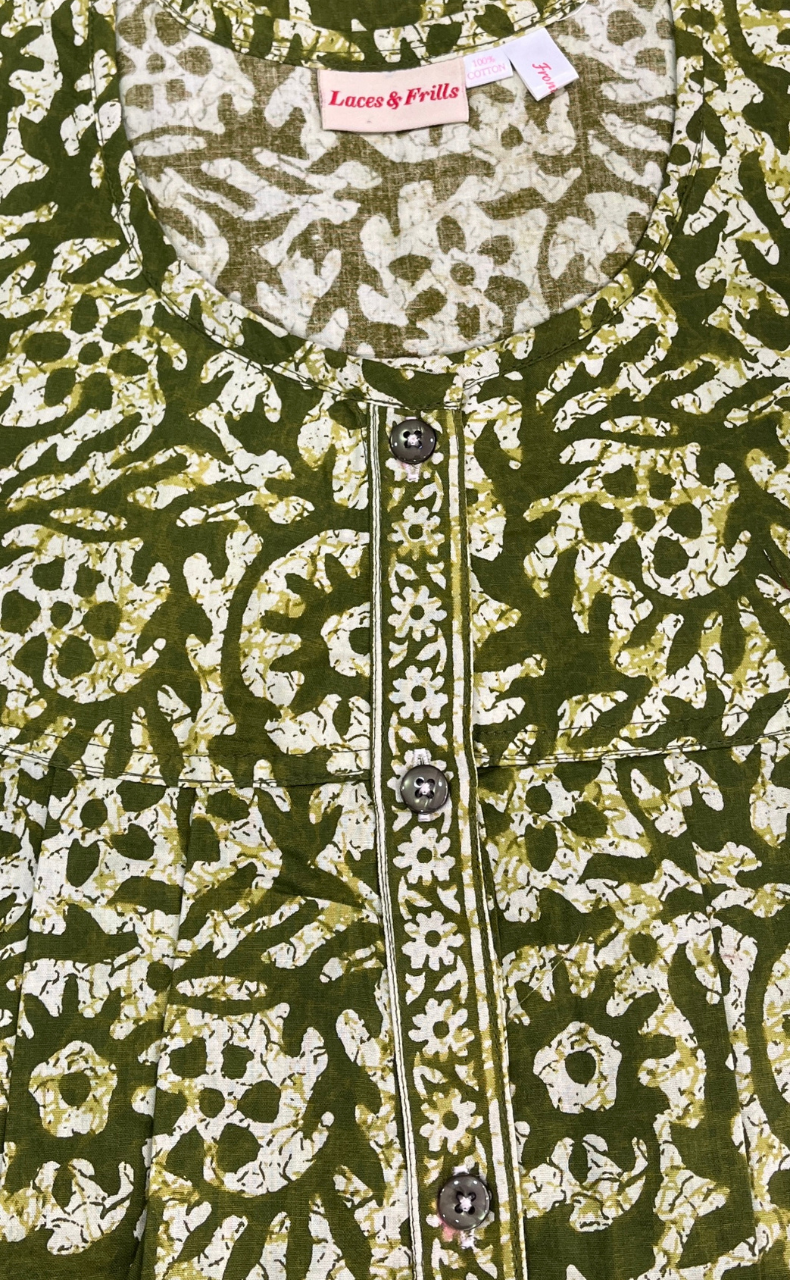 Green Batik Full Open Pure Cotton Nighty. Pure Cotton | Laces and Frills