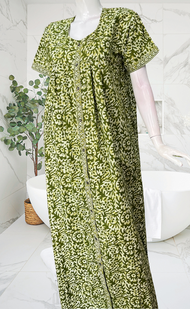 Green Batik Full Open Pure Cotton Nighty. Pure Cotton | Laces and Frills