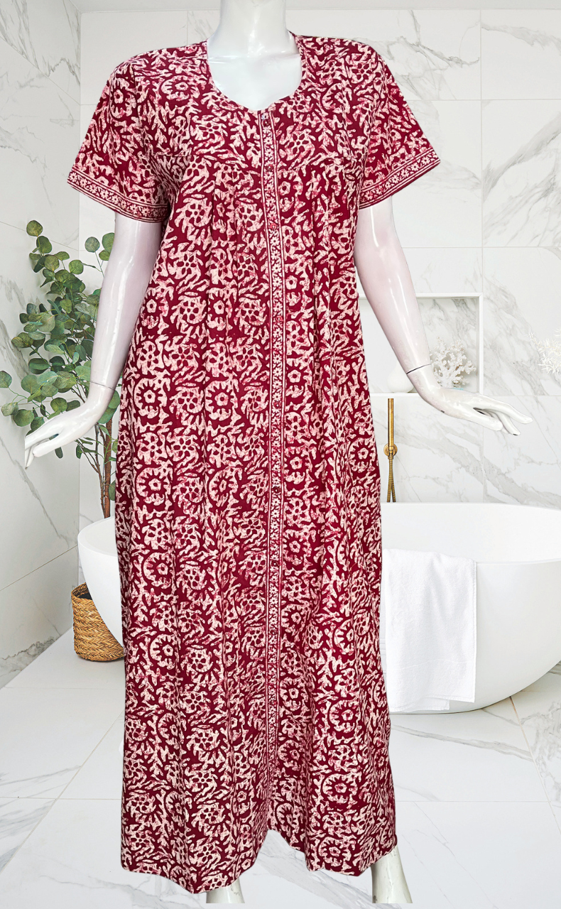 Maroon Batik Full Open Pure Cotton Nighty. Pure Cotton | Laces and Frills
