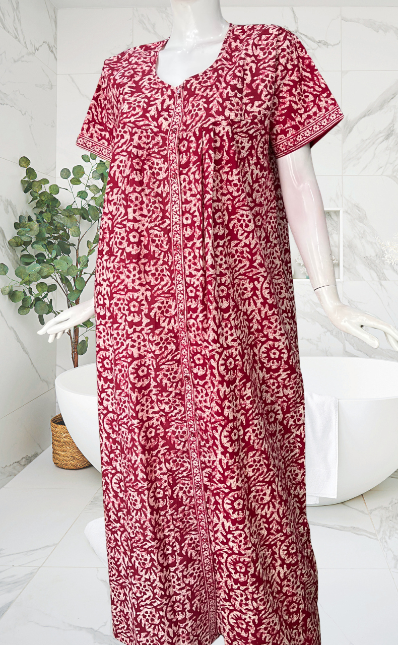 Maroon Batik Full Open Pure Cotton Nighty. Pure Cotton | Laces and Frills