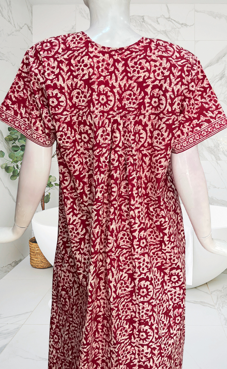 Maroon Batik Full Open Pure Cotton Nighty. Pure Cotton | Laces and Frills