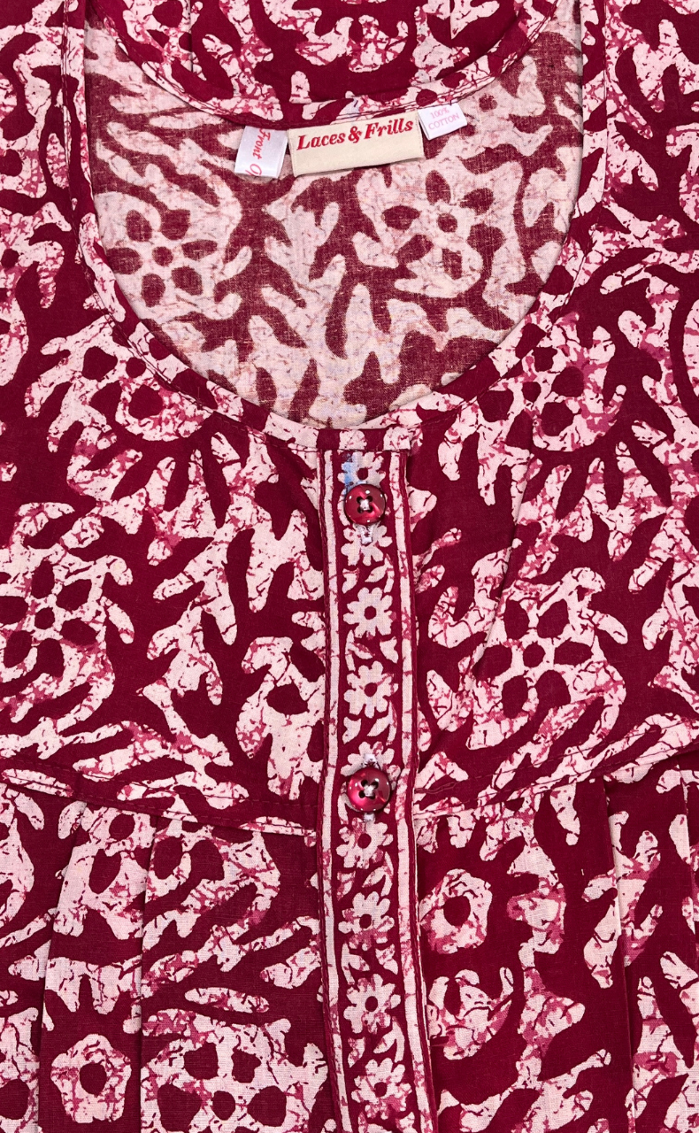 Maroon Batik Full Open Pure Cotton Nighty. Pure Cotton | Laces and Frills