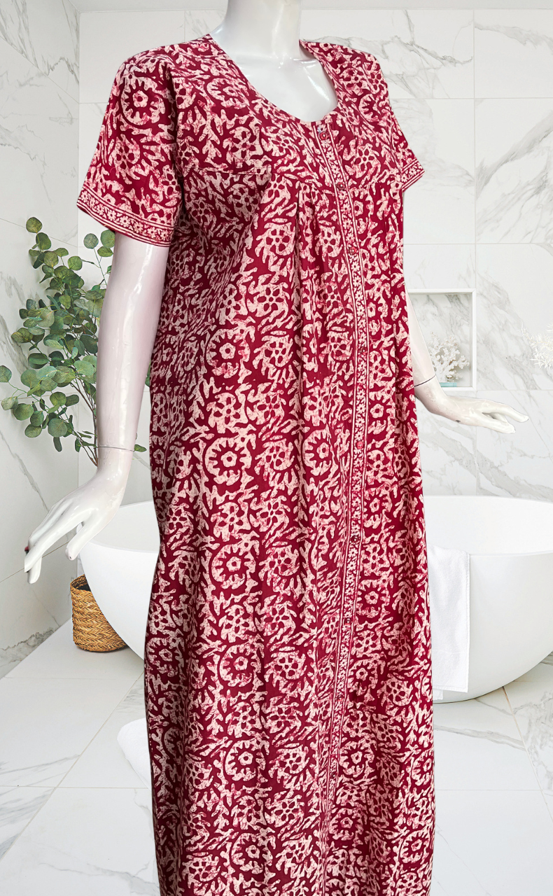 Maroon Batik Full Open Pure Cotton Nighty. Pure Cotton | Laces and Frills