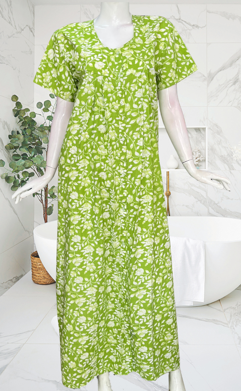 Green Garden Full Open Pure Cotton Nighty. Pure Cotton | Laces and Frills