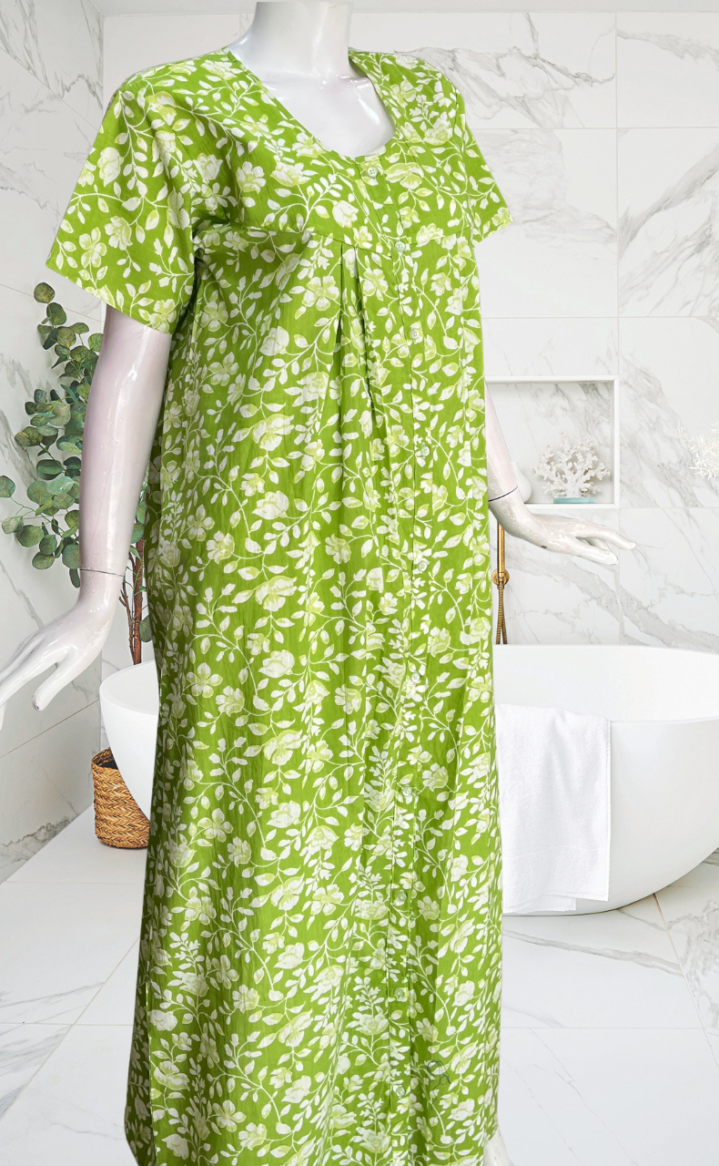 Green Garden Full Open Pure Cotton Nighty. Pure Cotton | Laces and Frills