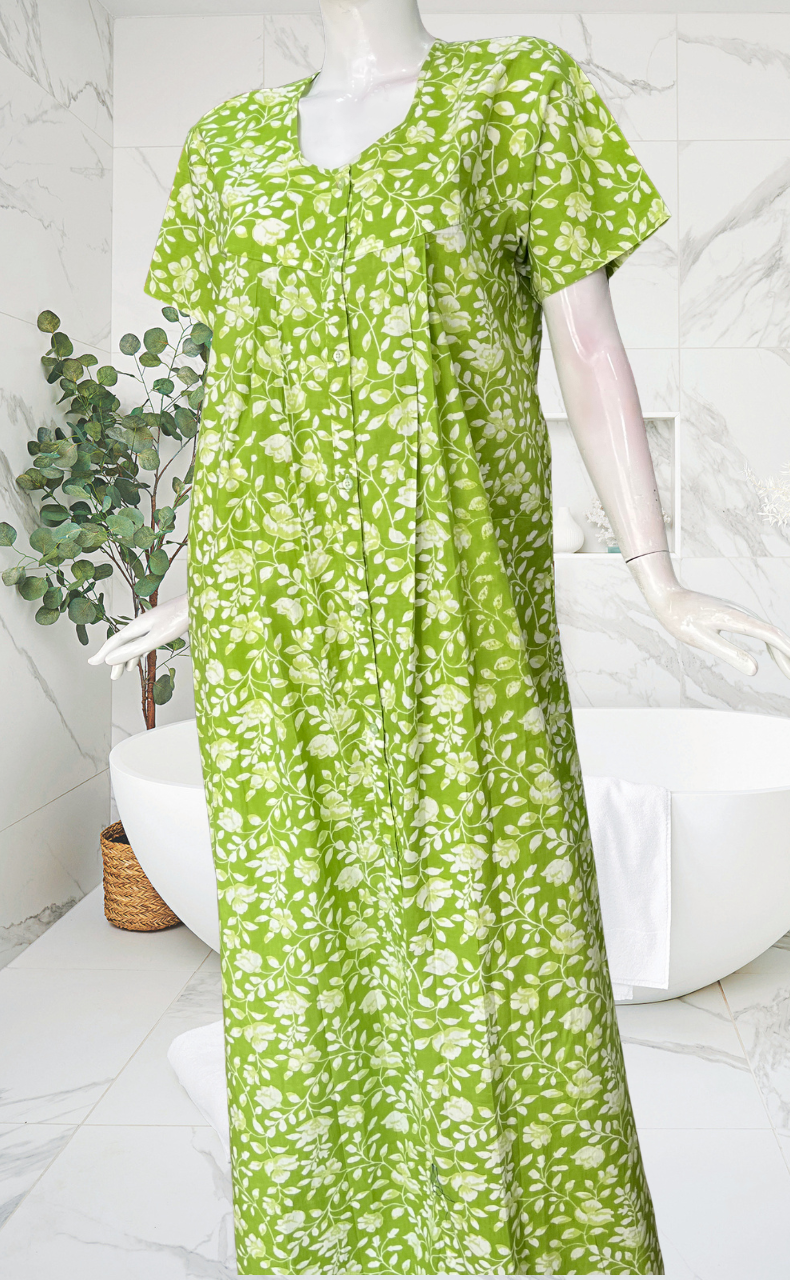 Green Garden Full Open Pure Cotton Nighty. Pure Cotton | Laces and Frills