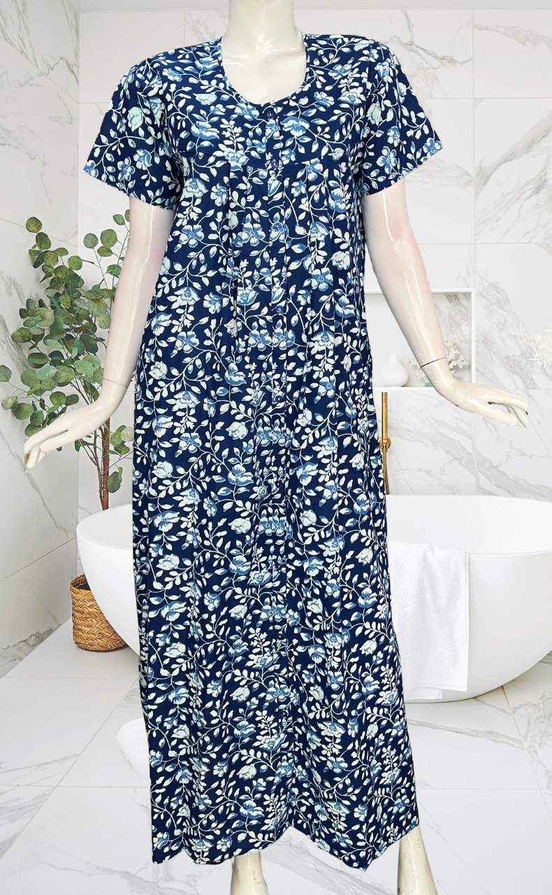 Blue Garden Full Open Pure Cotton Nighty. Pure Cotton | Laces and Frills