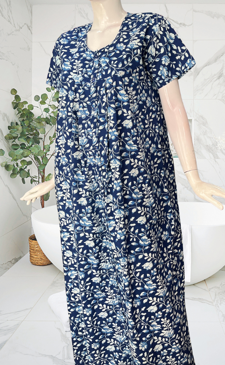 Blue Garden Full Open Pure Cotton Nighty. Pure Cotton | Laces and Frills