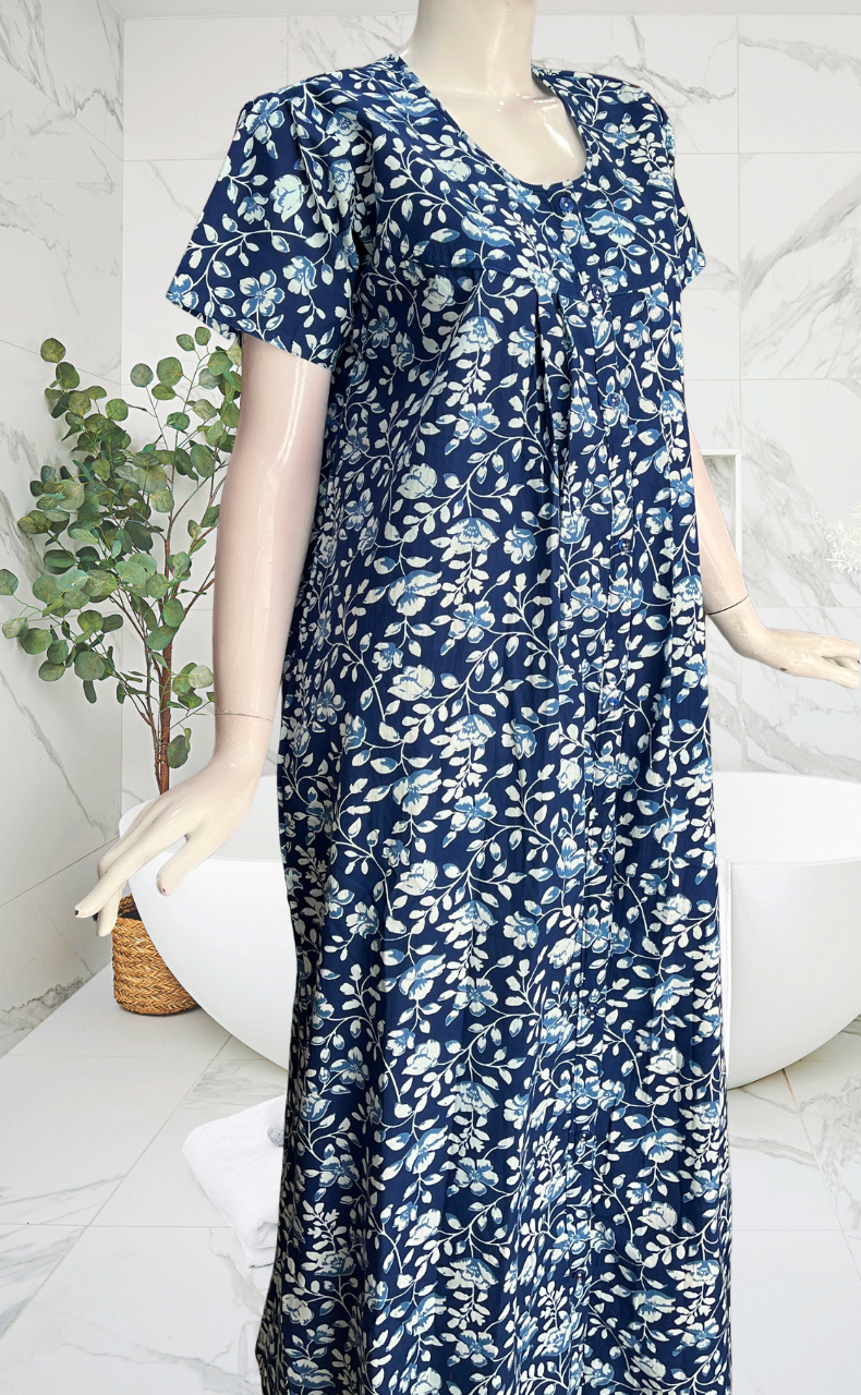 Blue Garden Full Open Pure Cotton Nighty. Pure Cotton | Laces and Frills