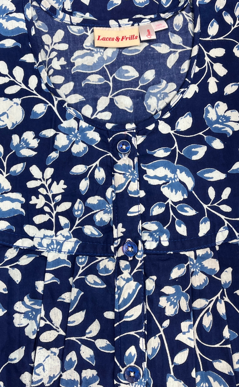Blue Garden Full Open Pure Cotton Nighty. Pure Cotton | Laces and Frills