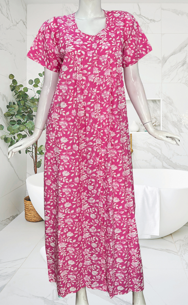 Pink Garden Full Open Pure Cotton Nighty. Pure Cotton | Laces and Frills