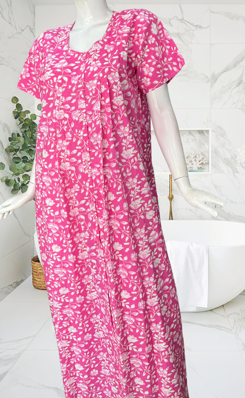 Pink Garden Full Open Pure Cotton Nighty. Pure Cotton | Laces and Frills