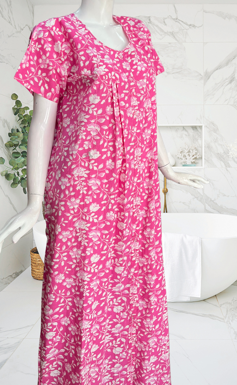 Pink Garden Full Open Pure Cotton Nighty. Pure Cotton | Laces and Frills
