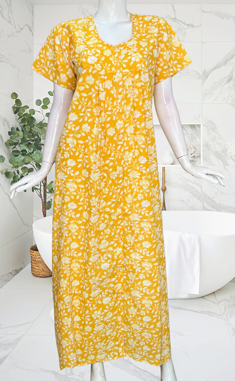 Yellow Garden Full Open Pure Cotton Nighty. Pure Cotton | Laces and Frills