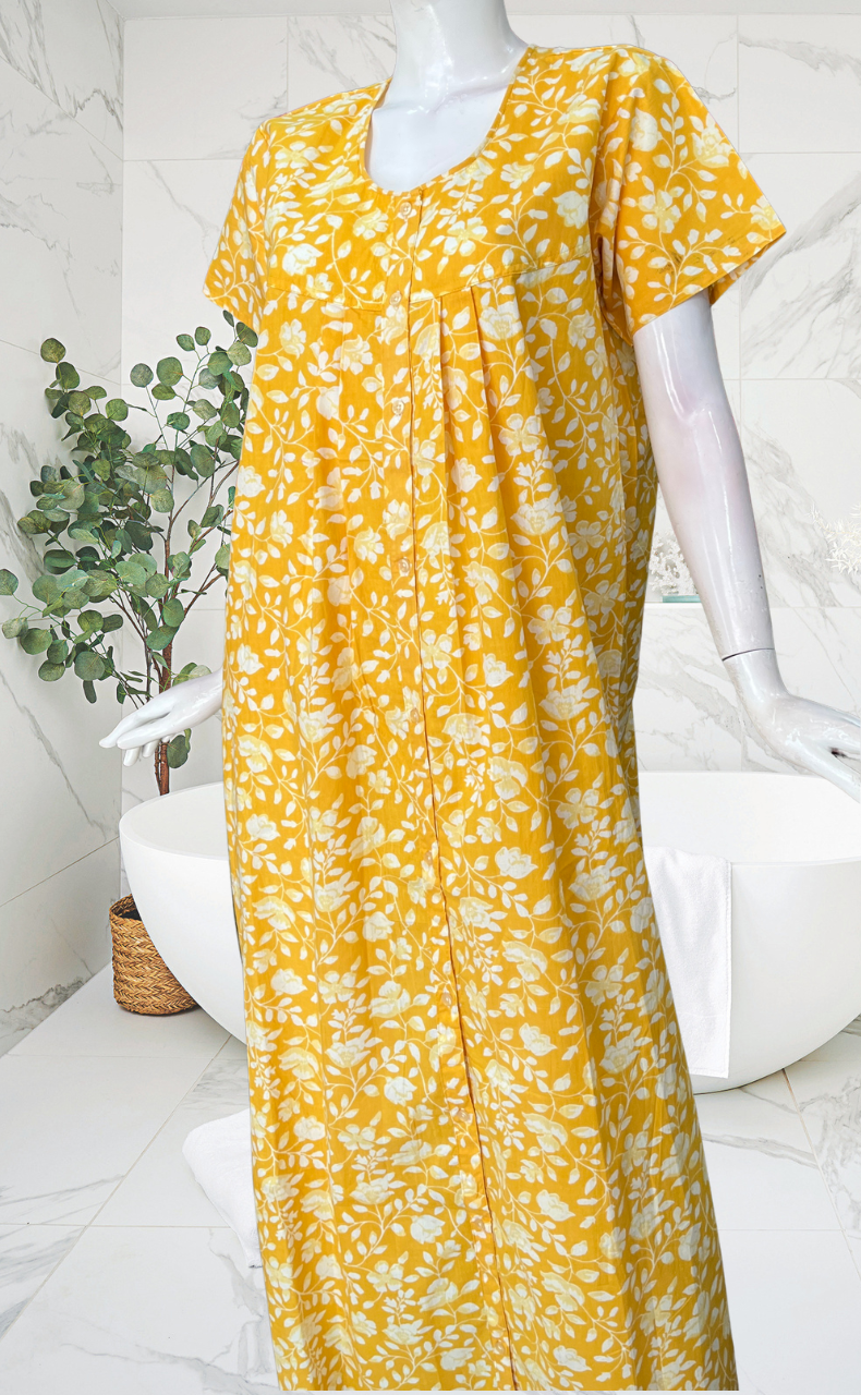 Yellow Garden Full Open Pure Cotton Nighty. Pure Cotton | Laces and Frills