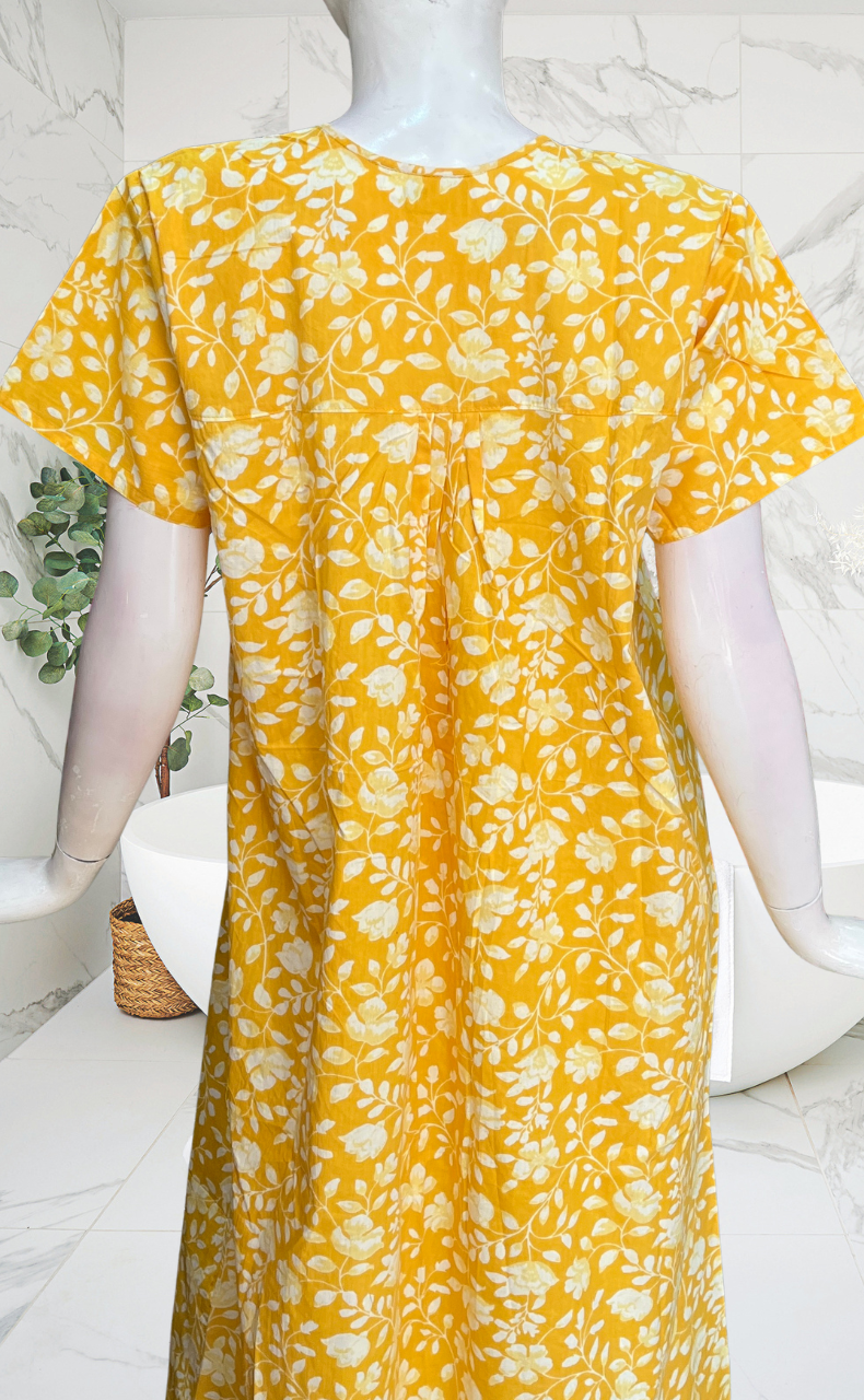 Yellow Garden Full Open Pure Cotton Nighty. Pure Cotton | Laces and Frills