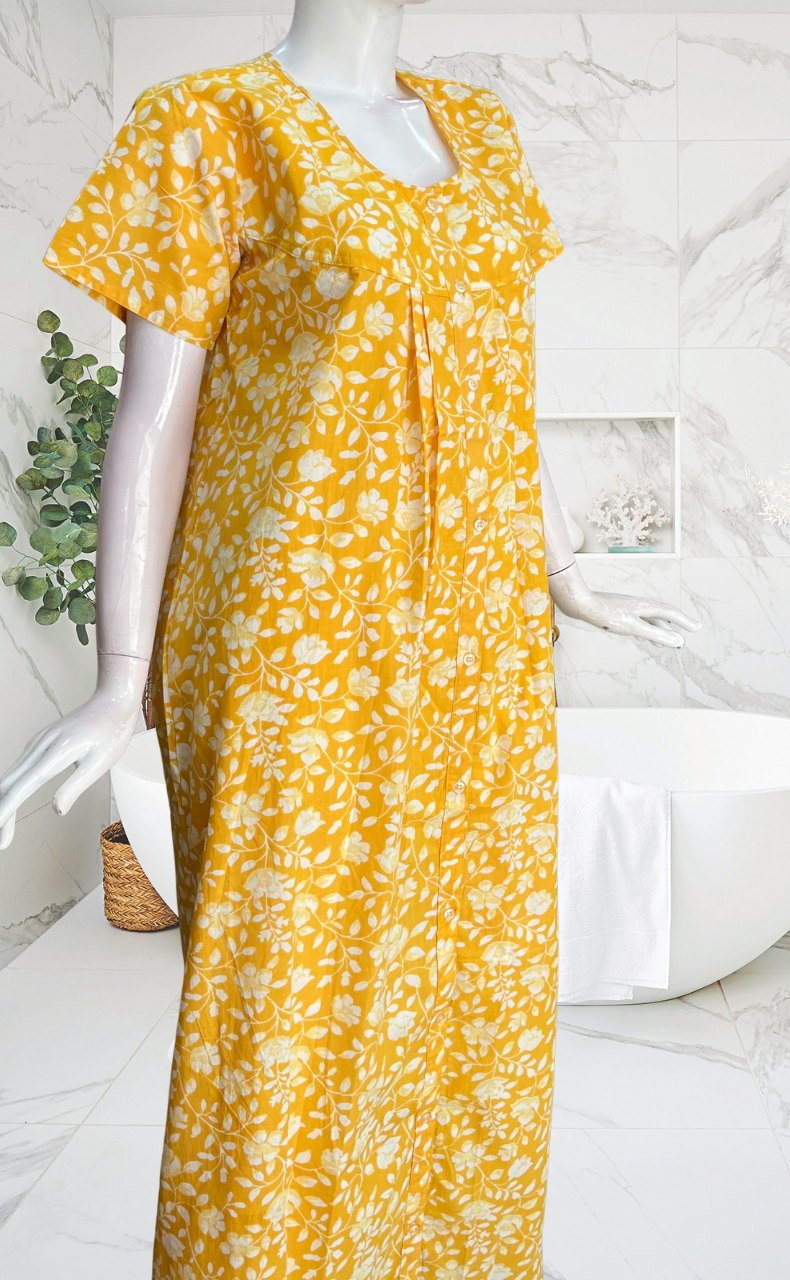 Yellow Garden Full Open Pure Cotton Nighty. Pure Cotton | Laces and Frills