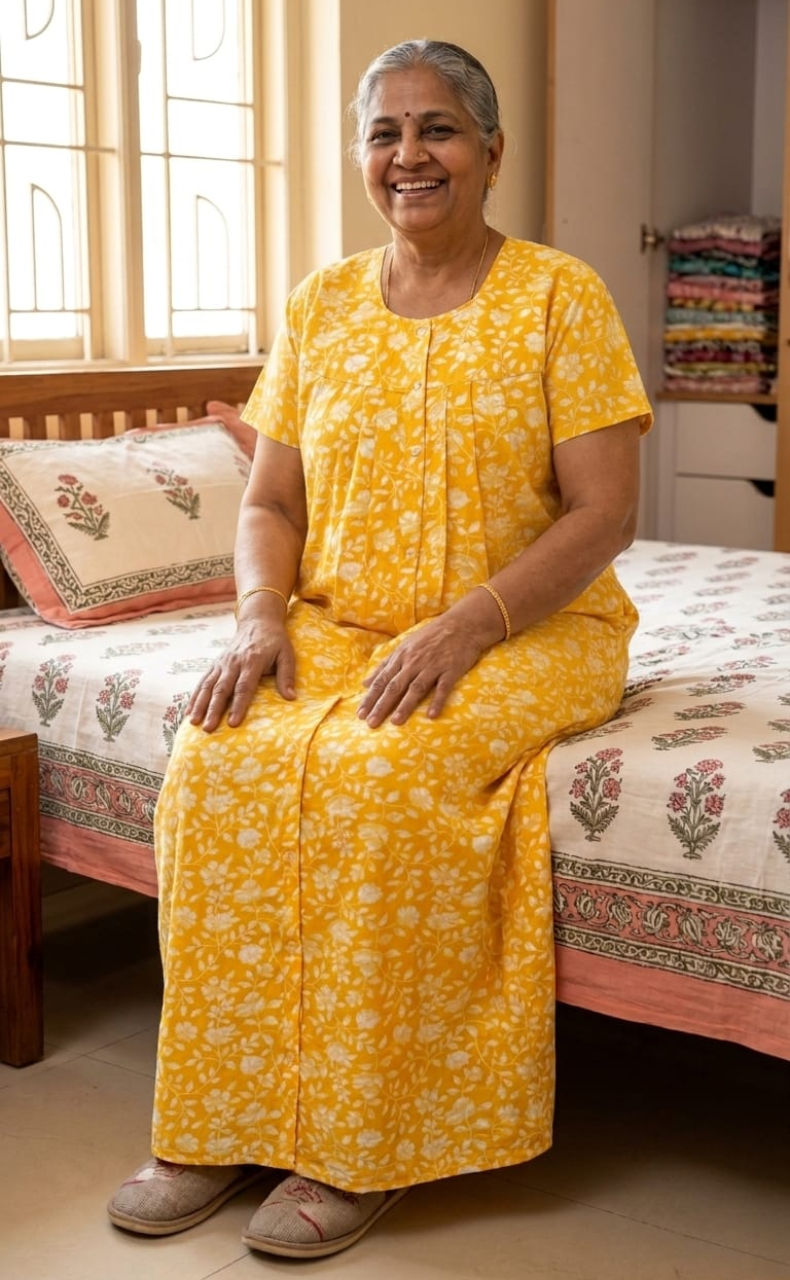 Yellow Garden Full Open Pure Cotton Nighty. Pure Cotton | Laces and Frills