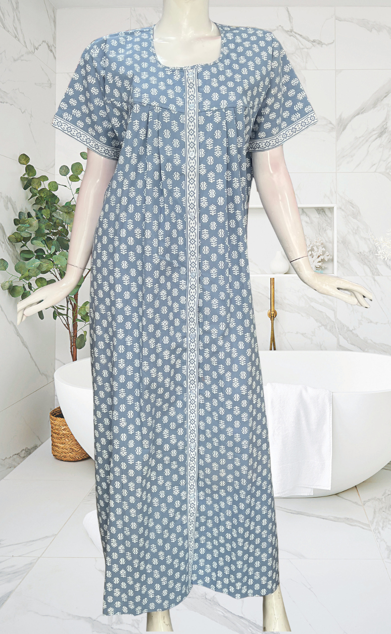 Light Blue Abstract Full Open Pure Cotton Nighty. Pure Cotton | Laces and Frills