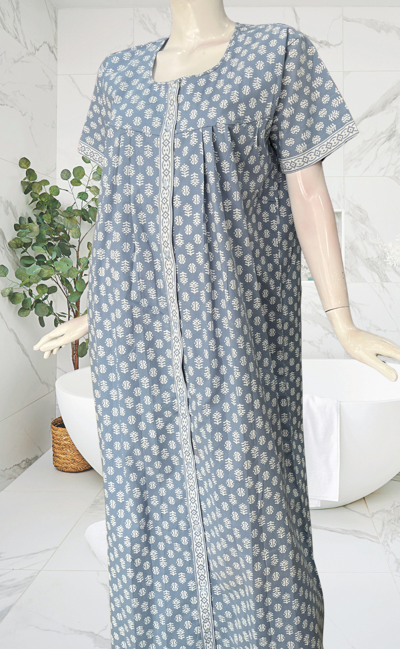 Light Blue Abstract Full Open Pure Cotton Nighty. Pure Cotton | Laces and Frills